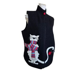 Coldwater Creek L Wool Vest - Black Sleeveless Sweater Cat Knit‎ Cozy Christmas